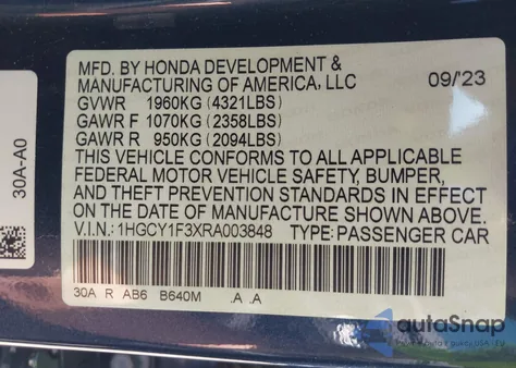 2024 Honda Accord Ex из США, поврежденный, VIN 1HGCY1F3XRA003848